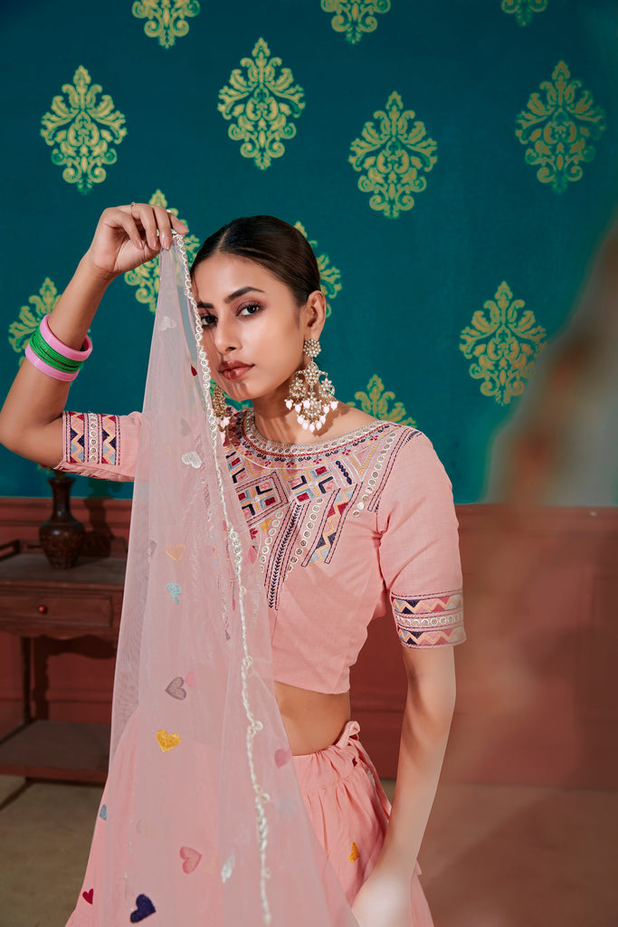 Pink Thread With Sequins Embroidered Cotton Semi Stitched Lehenga ClothsVilla