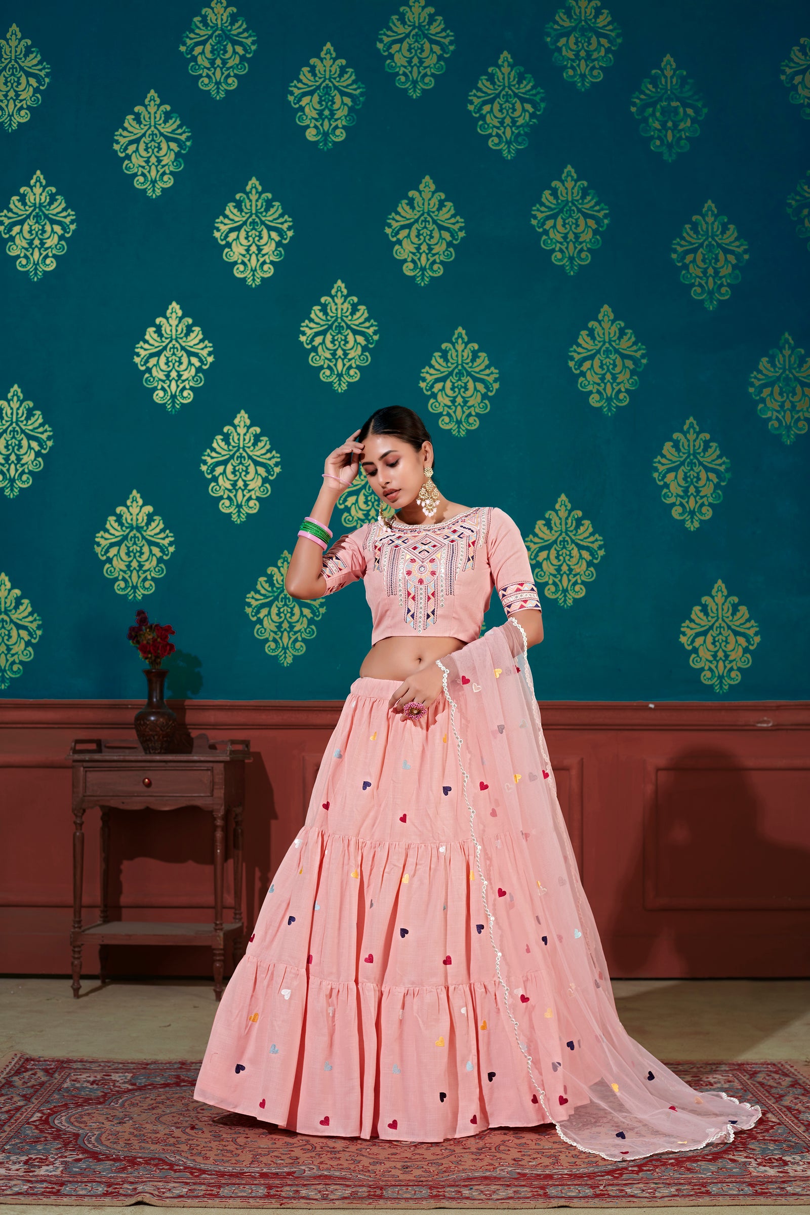 Pink Thread With Sequins Embroidered Cotton Semi Stitched Lehenga ClothsVilla