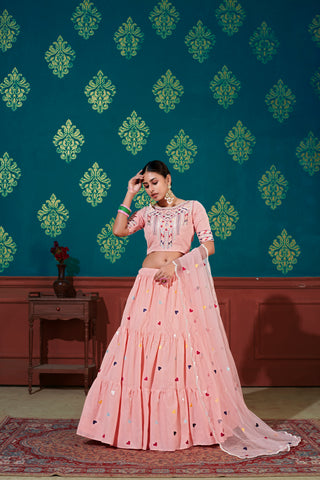 Pink Thread With Sequins Embroidered Cotton Semi Stitched Lehenga ClothsVilla