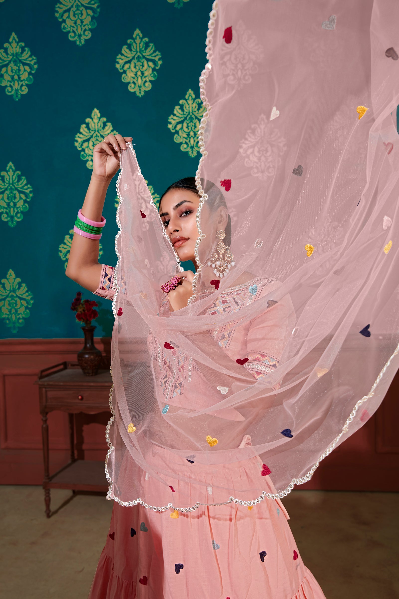 Pink Thread With Sequins Embroidered Cotton Semi Stitched Lehenga ClothsVilla