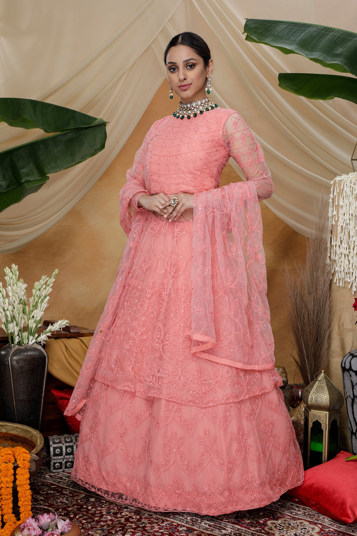Pink Thread Work Net Party Wear Lehenga Suit ClothsVilla