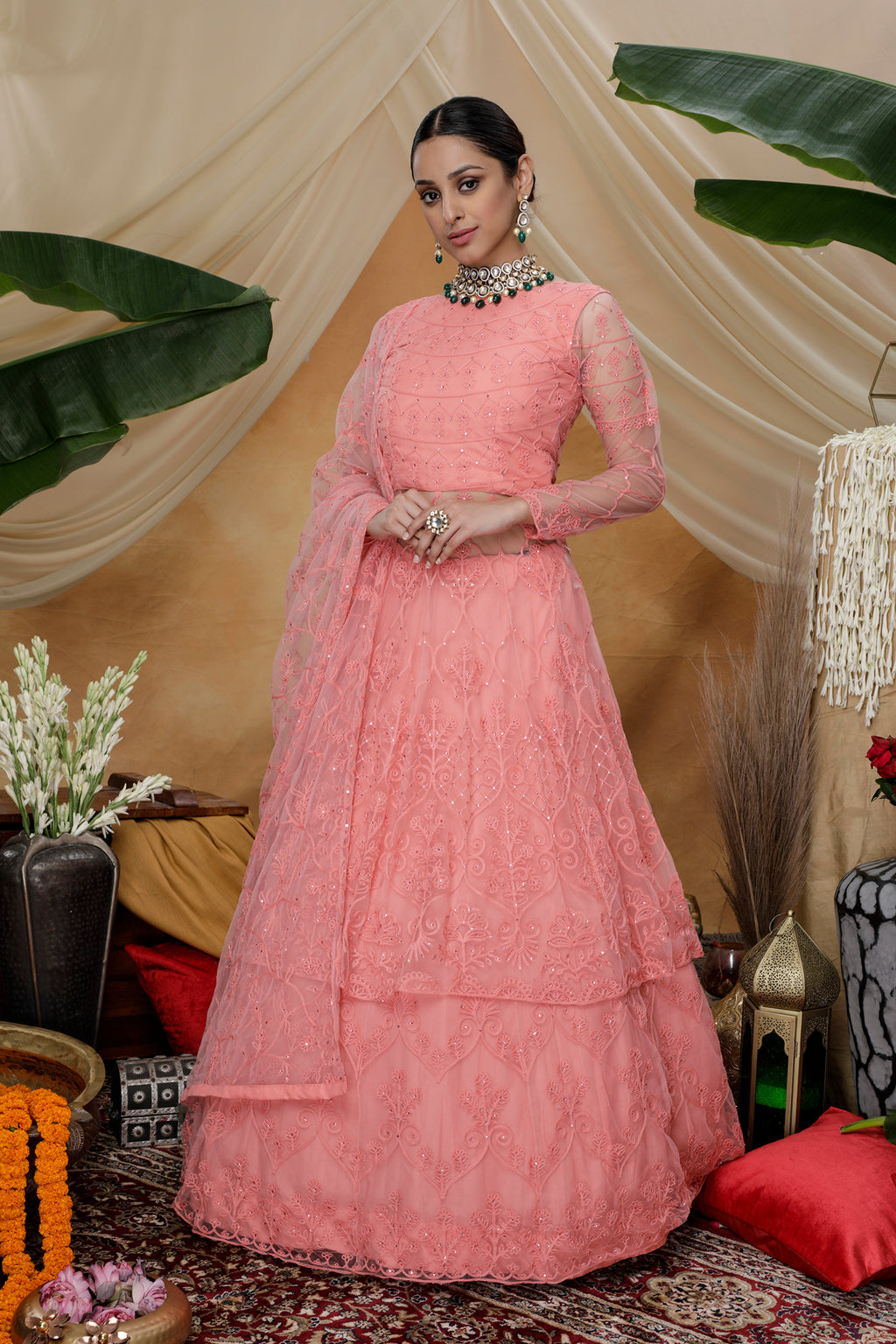Pink Thread Work Net Party Wear Lehenga Suit ClothsVilla