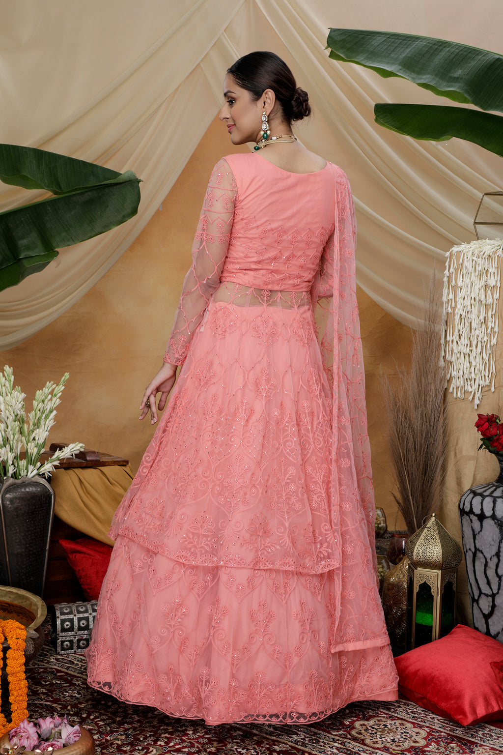 Pink Thread Work Net Party Wear Lehenga Suit ClothsVilla