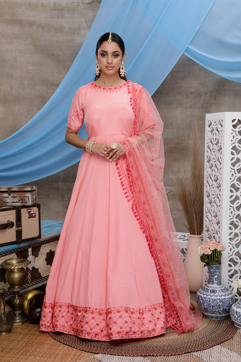 Pink Thread Work Silk Festive Wear Long Anarkali Gown ClothsVilla Main image