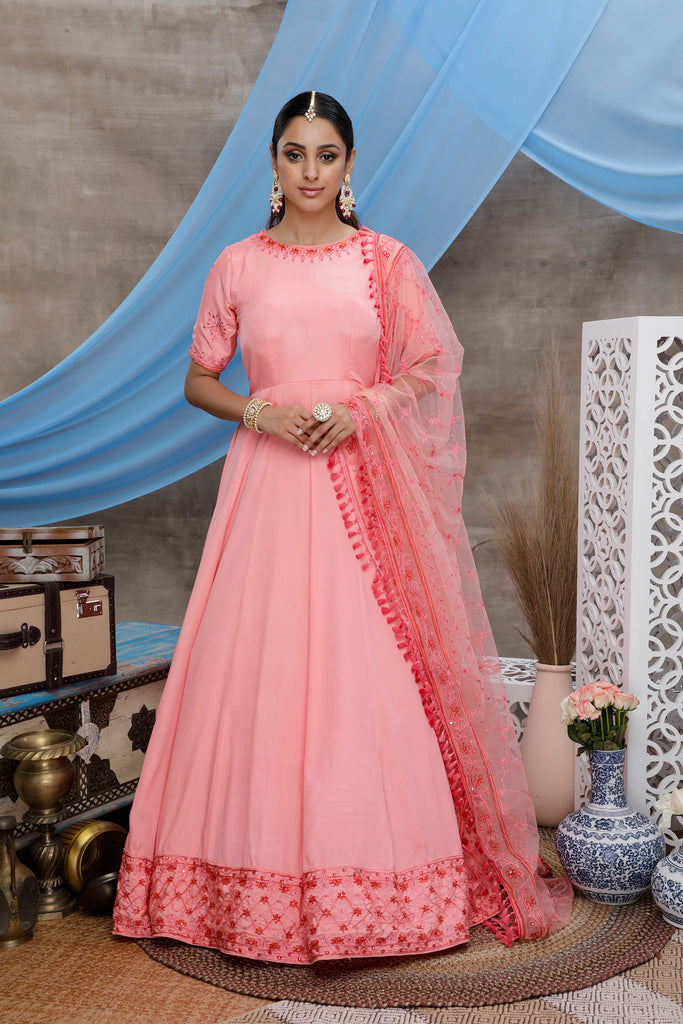 Pink Thread Work Silk Festive Wear Long Anarkali Gown ClothsVilla