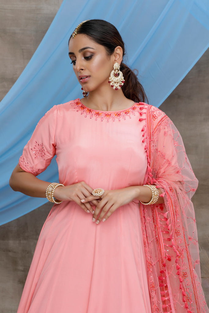 Pink Thread Work Silk Festive Wear Long Anarkali Gown ClothsVilla
