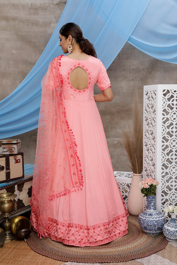 Pink Thread Work Silk Festive Wear Long Anarkali Gown ClothsVilla