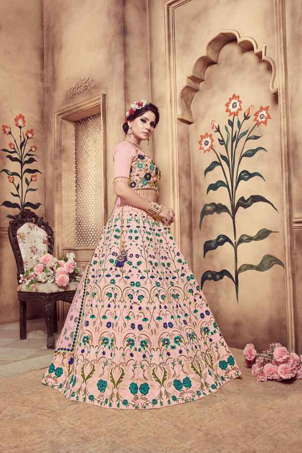 Pink Zari & Sequence Embroidery With Foil Work Silk Lehenga ClothsVilla