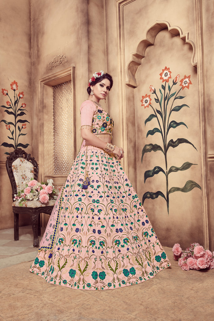 Pink Zari & Sequence Embroidery With Foil Work Silk Lehenga ClothsVilla