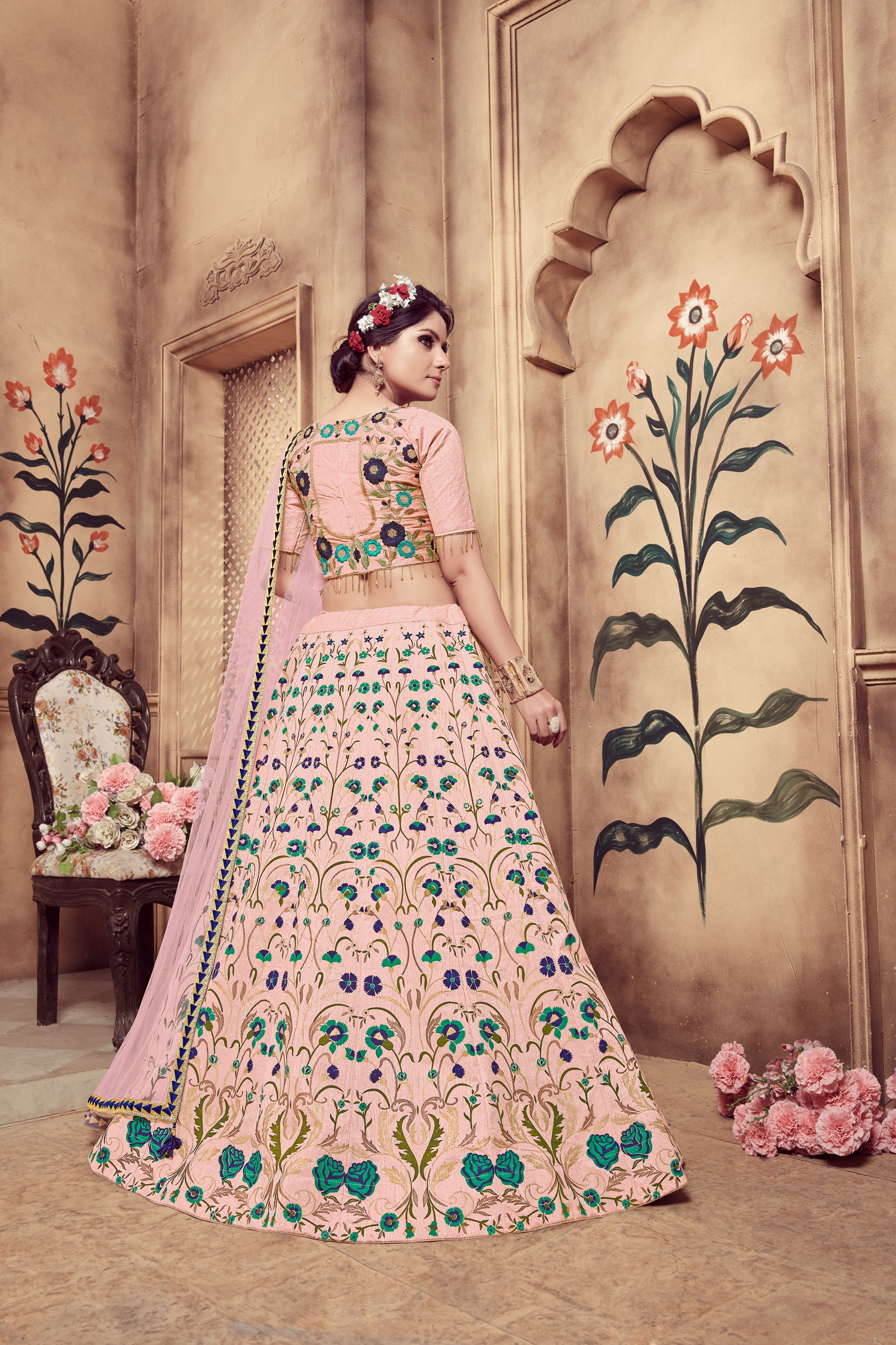 Pink Zari & Sequence Embroidery With Foil Work Silk Lehenga ClothsVilla