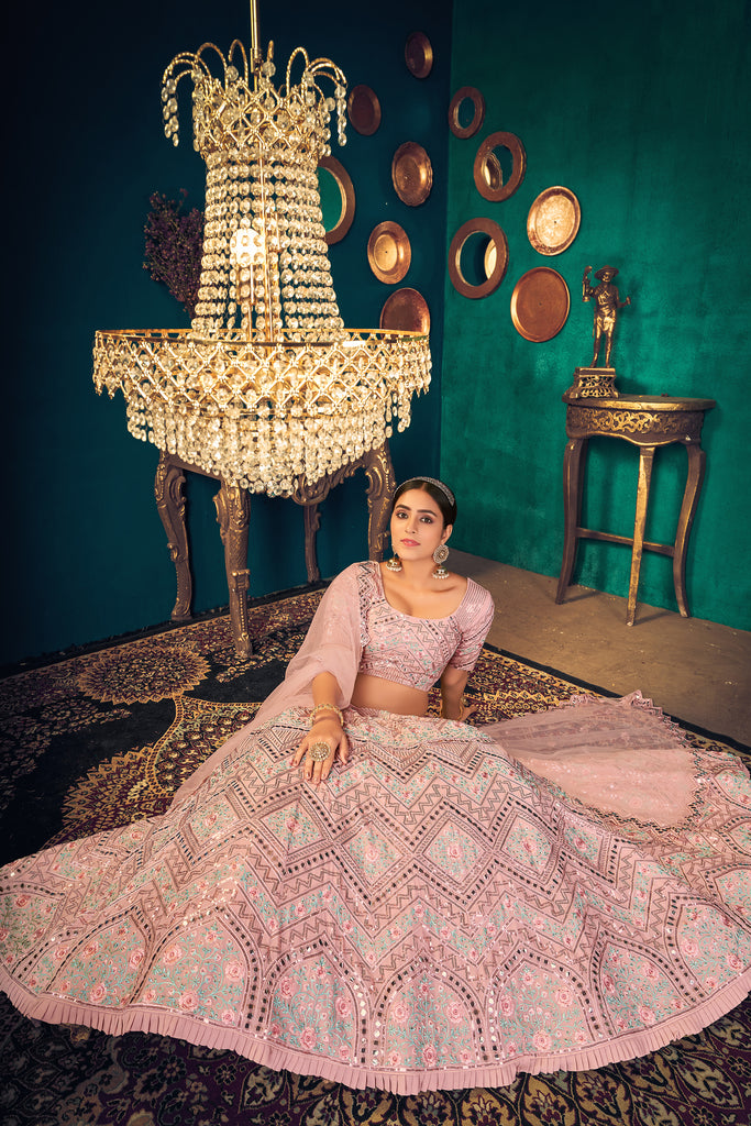 Pink Zarkan, Sequins And Thread Embroidered Crepe Silk Semi Stitched Lehenga ClothsVilla