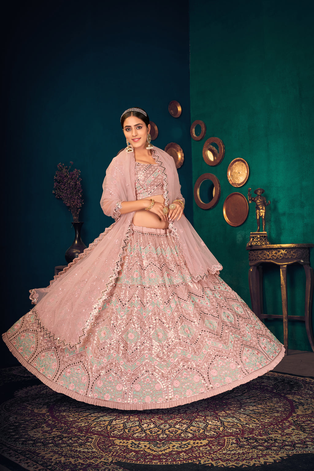 Pink Zarkan, Sequins And Thread Embroidered Crepe Silk Semi Stitched Lehenga ClothsVilla