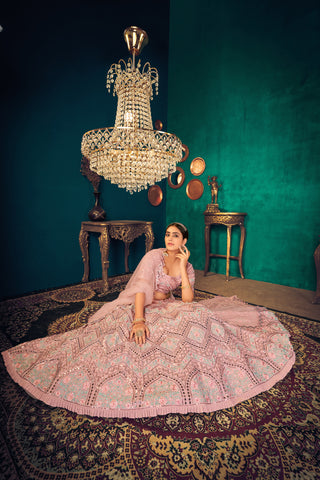Pink Zarkan, Sequins And Thread Embroidered Crepe Silk Semi Stitched Lehenga ClothsVilla
