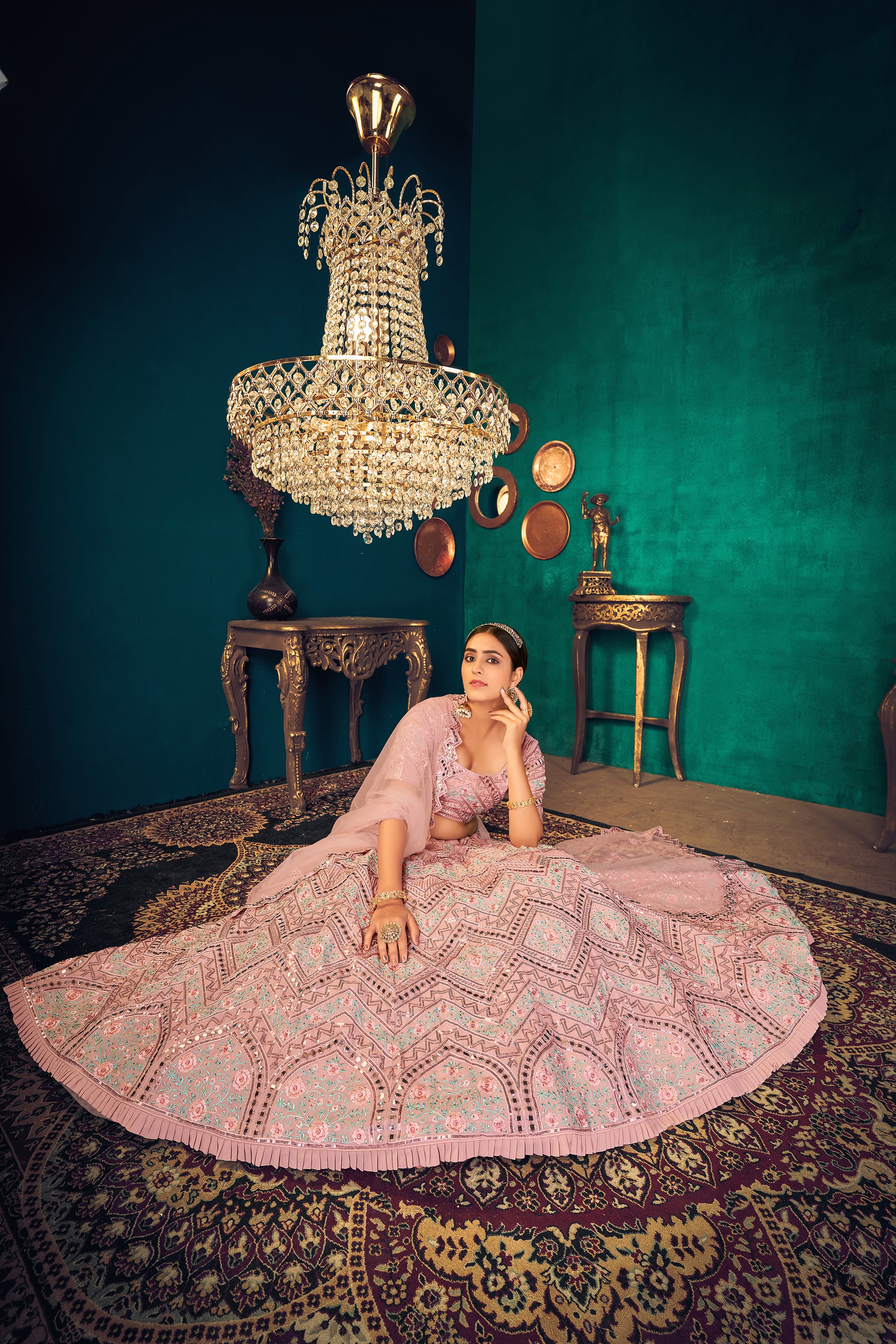 Pink Zarkan, Sequins And Thread Embroidered Crepe Silk Semi Stitched Lehenga ClothsVilla