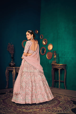 Pink Zarkan, Sequins And Thread Embroidered Crepe Silk Semi Stitched Lehenga ClothsVilla