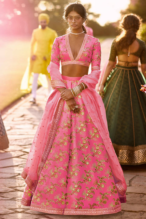 Hypnotic Pink Colored Wedding Wear Embroidered Satin Lehenga Choli ClothsVilla Main image