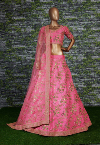 Hypnotic Pink Colored Wedding Wear Embroidered Satin Lehenga Choli ClothsVilla