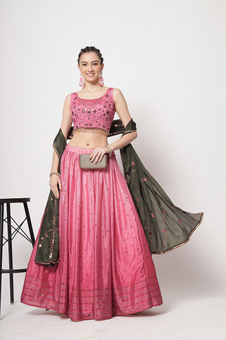 Pink Chinon Silk Embellished Mukaish Work Lehenga Choli ClothsVilla.com