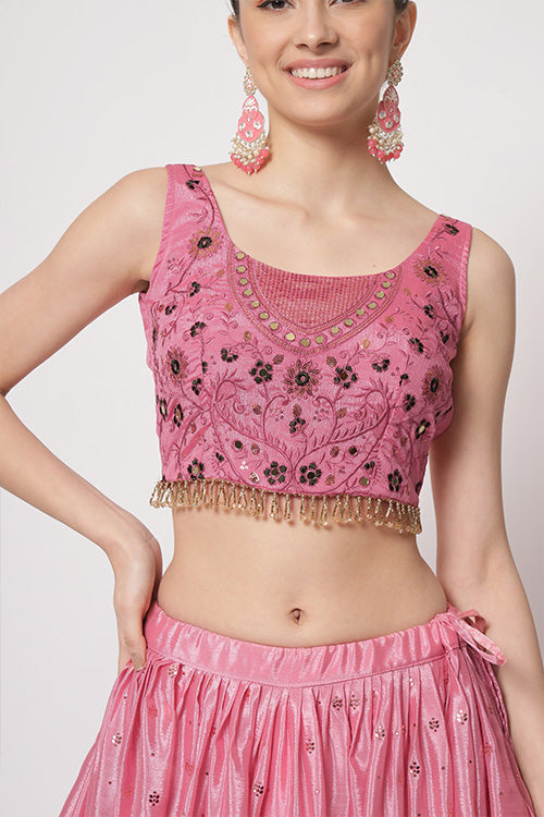 Pink Chinon Silk Embellished Mukaish Work Lehenga Choli ClothsVilla.com