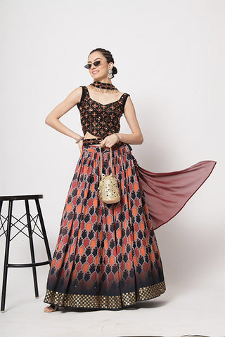 Black Georgette Print With Sequins Embroidered Work Lehenga Choli ClothsVilla.com
