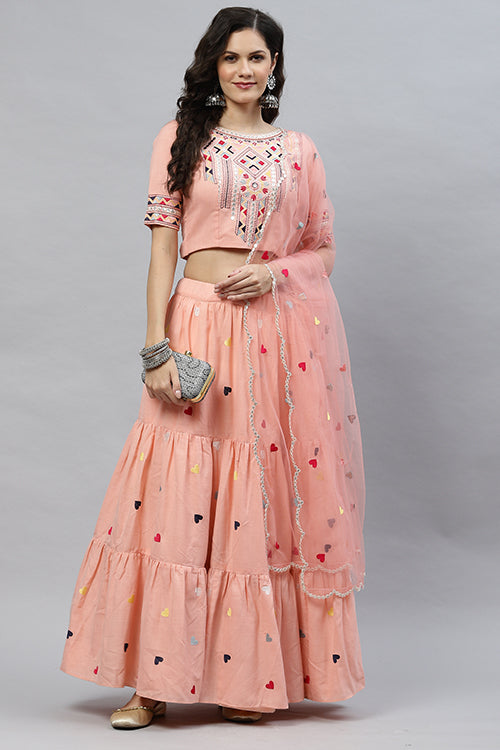 Pink Cotton Multi Embroidered Work Lehenga Choli ClothsVilla.com
