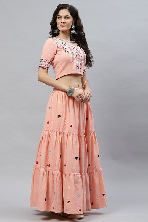 Pink Cotton Multi Embroidered Work Lehenga Choli ClothsVilla.com