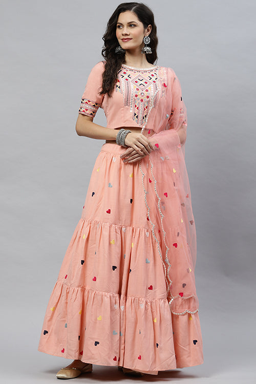 Pink Cotton Multi Embroidered Work Lehenga Choli ClothsVilla.com