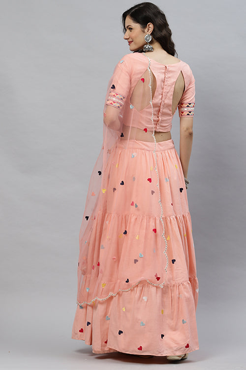 Pink Cotton Multi Embroidered Work Lehenga Choli ClothsVilla.com