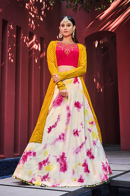 Mustard-yellow & Pink thread with sequins embroidered art Silk Semi  Stitched party wear Lehenga - MEGHALYA - 3779691