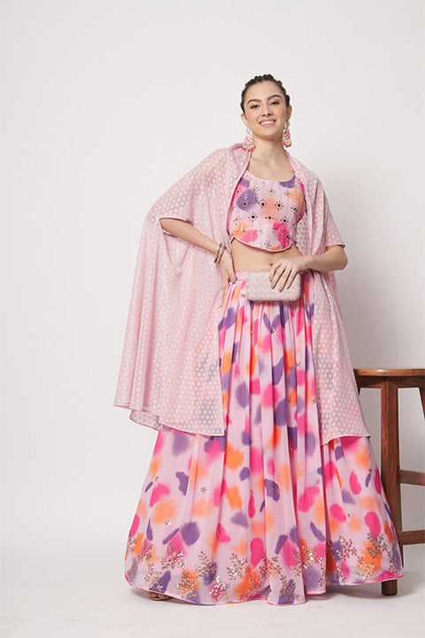 Pink Georgette Print With Sequins Embroidered Work Lehenga Choli ClothsVilla.com Main image