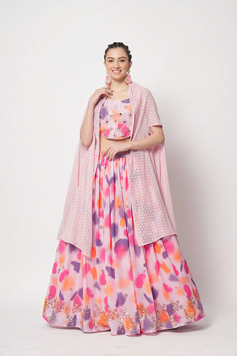 Pink Georgette Print With Sequins Embroidered Work Lehenga Choli ClothsVilla.com