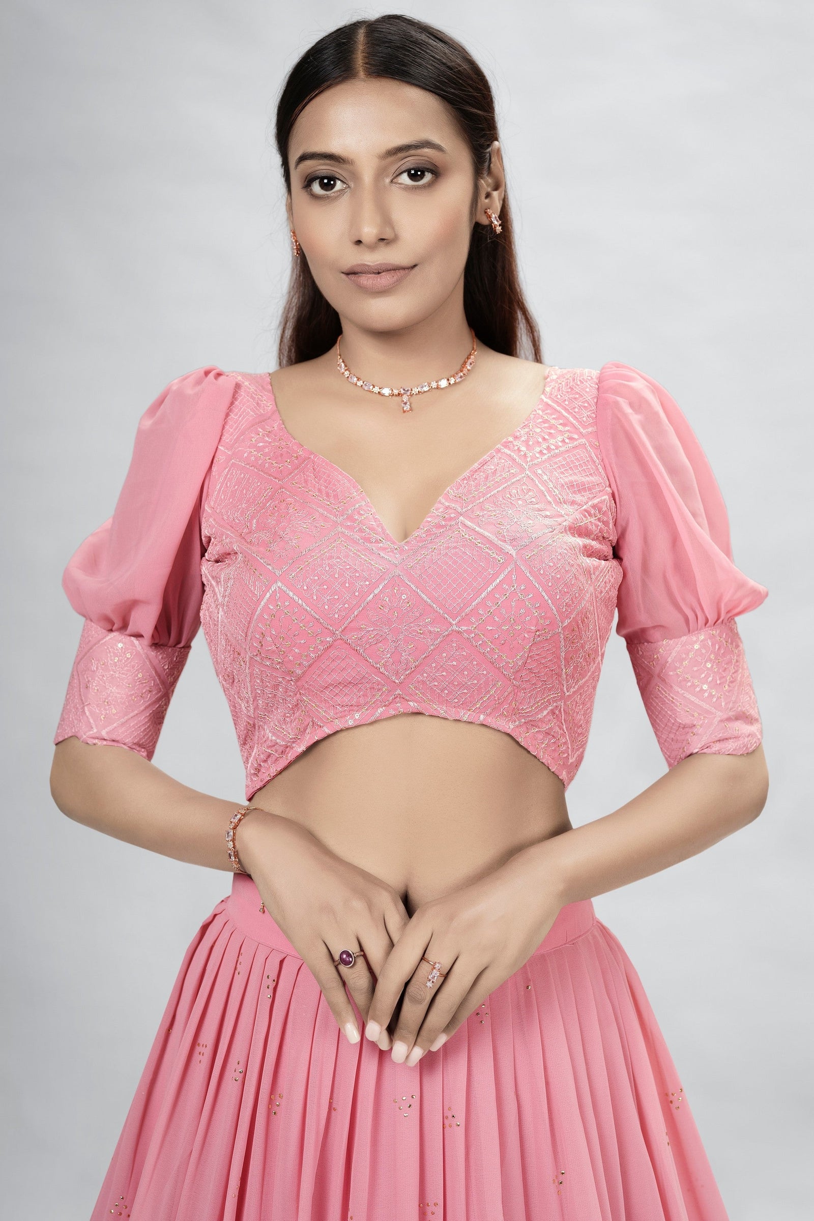 Pink Indian Georgette Lehenga Choli With Ruffle Dupatta For Indian Festival & Weddings - Sequence Embroidery Work, Mukaish Work Clothsvilla