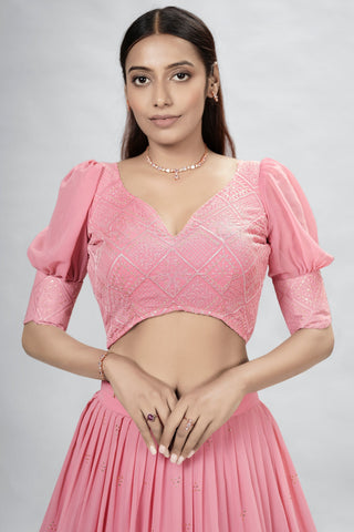 Pink Indian Georgette Lehenga Choli With Ruffle Dupatta For Indian Festival & Weddings - Sequence Embroidery Work, Mukaish Work Clothsvilla