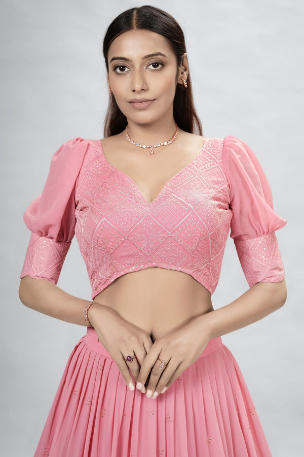 Pink Indian Georgette Lehenga Choli With Ruffle Dupatta For Indian Festival & Weddings - Sequence Embroidery Work, Mukaish Work Clothsvilla