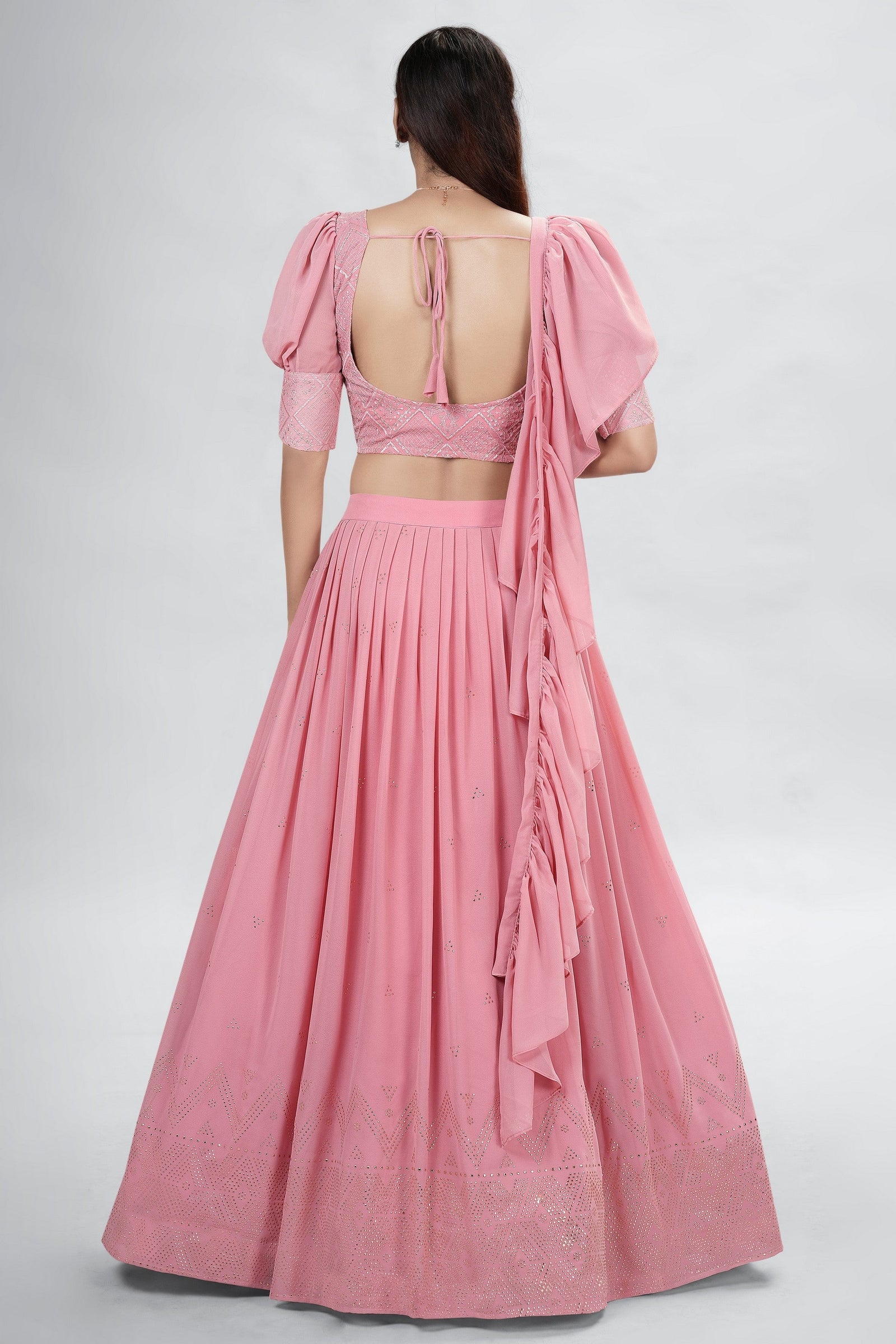 Pink Indian Georgette Lehenga Choli With Ruffle Dupatta For Indian Festival & Weddings - Sequence Embroidery Work, Mukaish Work Clothsvilla