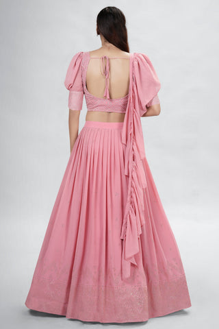 Pink Indian Georgette Lehenga Choli With Ruffle Dupatta For Indian Festival & Weddings - Sequence Embroidery Work, Mukaish Work Clothsvilla