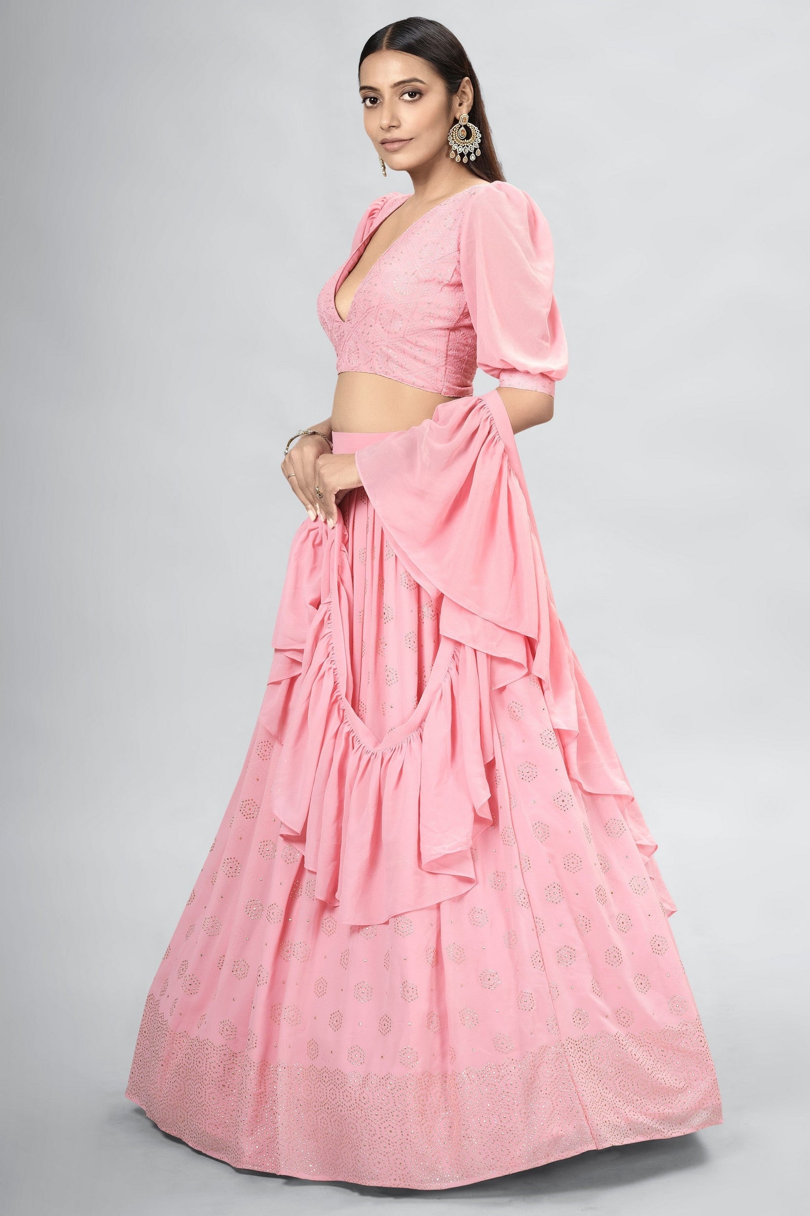 Pink Indian Georgette Lehenga Choli With Ruffle Dupatta For Indian Festival & Weddings - Sequence Embroidery Work, Mukaish Work Clothsvilla