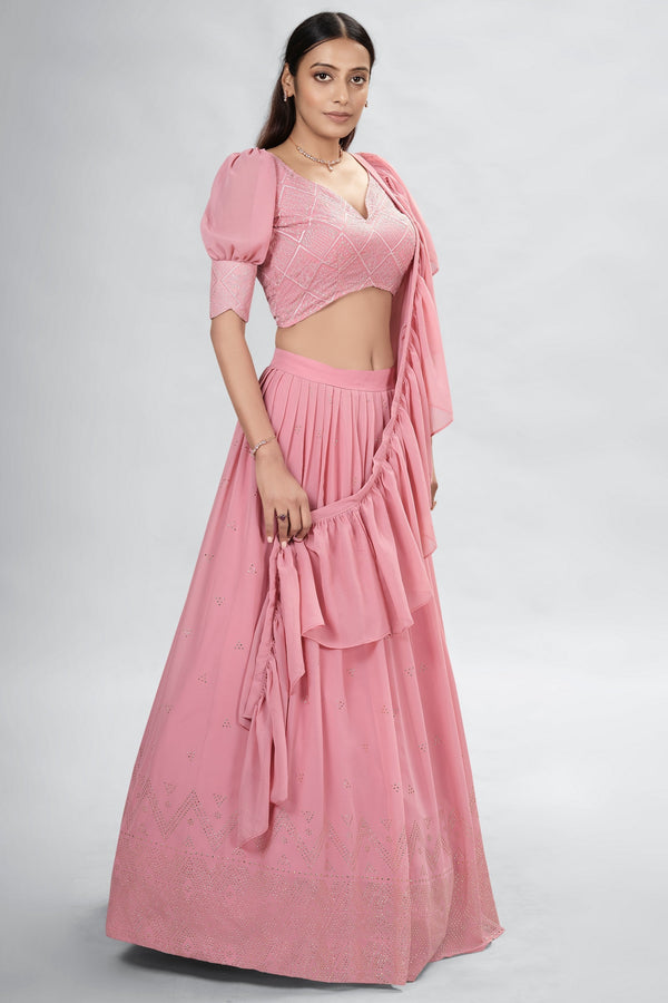 Pink Indian Georgette Lehenga Choli With Ruffle Dupatta For Indian Festival & Weddings - Sequence Embroidery Work, Mukaish Work Clothsvilla