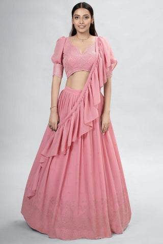 Pink Indian Georgette Lehenga Choli With Ruffle Dupatta For Indian Festival & Weddings - Sequence Embroidery Work, Mukaish Work Clothsvilla