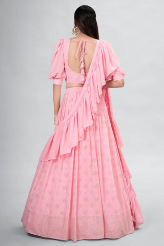 Pink Indian Georgette Lehenga Choli With Ruffle Dupatta For Indian Festival & Weddings - Sequence Embroidery Work, Mukaish Work Clothsvilla