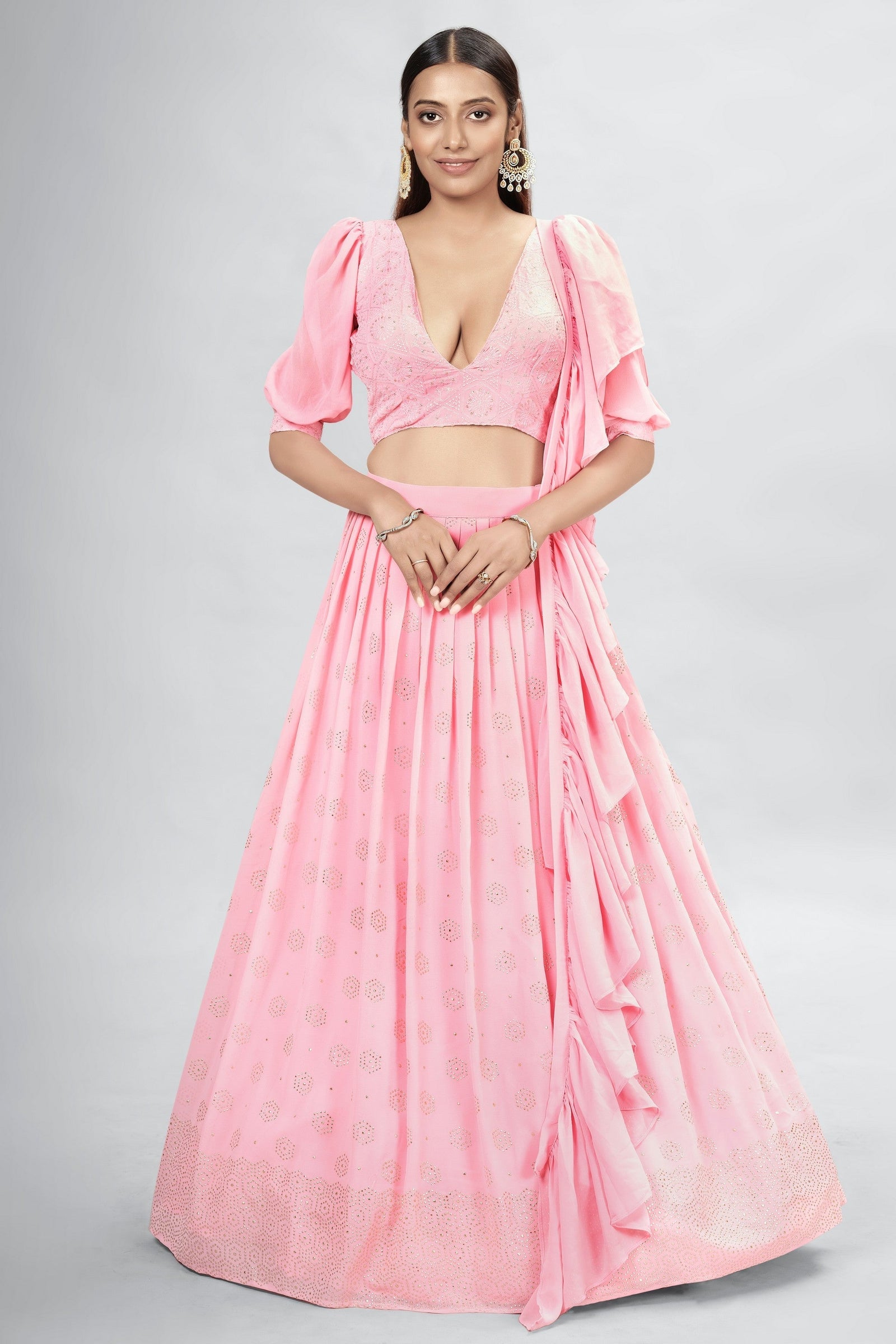 Pink Indian Georgette Lehenga Choli With Ruffle Dupatta For Indian Festival & Weddings - Sequence Embroidery Work, Mukaish Work Clothsvilla
