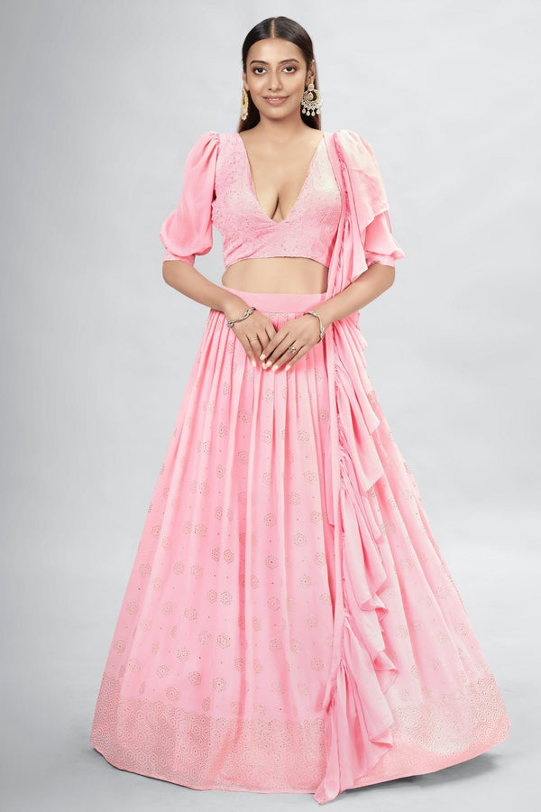 Pink Indian Georgette Lehenga Choli With Ruffle Dupatta For Indian Festival & Weddings - Sequence Embroidery Work, Mukaish Work Clothsvilla