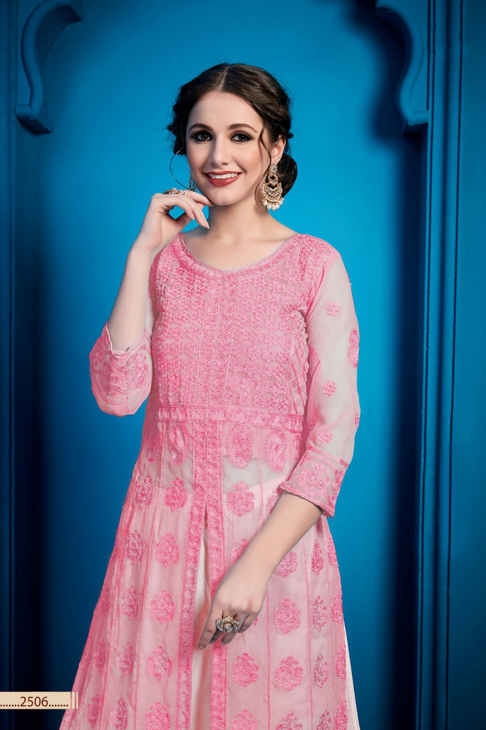 Pink Pakistani Georgette Plazo Suit For Indian Festival & Weddings - Thread Embroidery Work, Clothsvilla