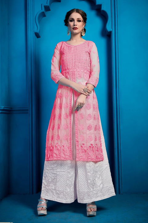 Pink Pakistani Georgette Plazo Suit For Indian Festival & Weddings - Thread Embroidery Work, Clothsvilla Main image