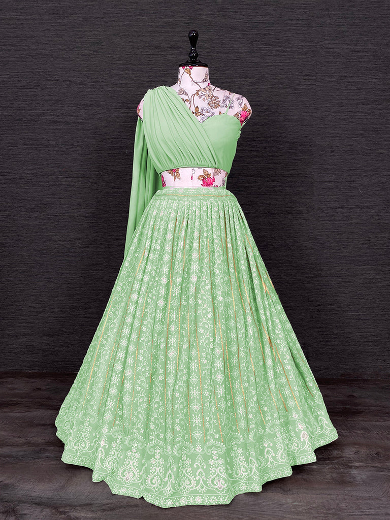 Pista Color Lucknowi Thread Work Georgette Party Wear Lehenga Choli Set Clothsvilla