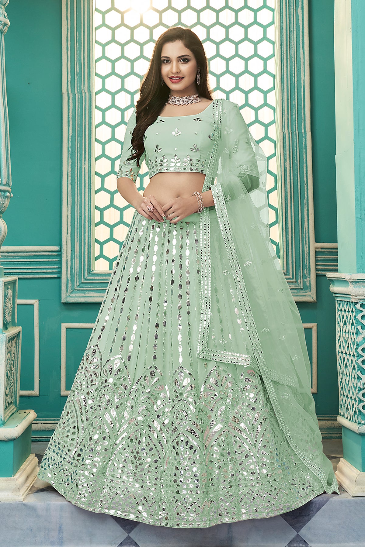 Pista Green Georgette Lehenga Choli With Soft Net Dupatta And Heavy Embroidery Gotta Patti Work Lehenga Choli For Women ClothsVilla Main image