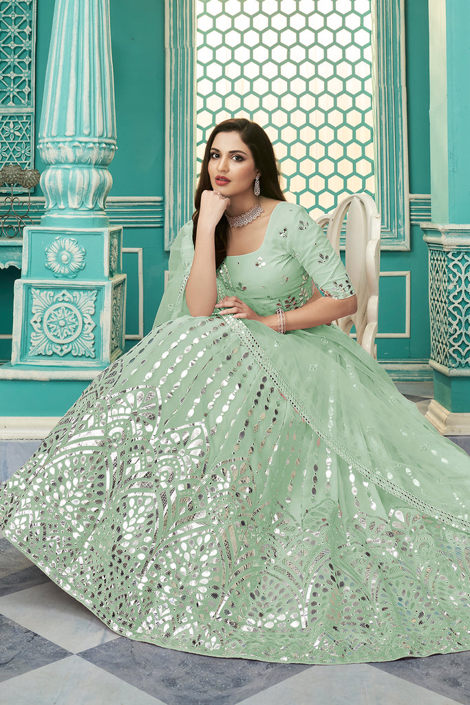 Buy Party Wear Pista Green Embroidery Work Georgette Saree Online