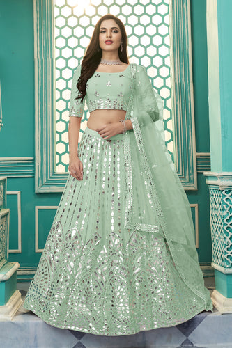 Pista Green Georgette Lehenga Choli With Soft Net Dupatta And Heavy Embroidery Gotta Patti Work Lehenga Choli For Women ClothsVilla