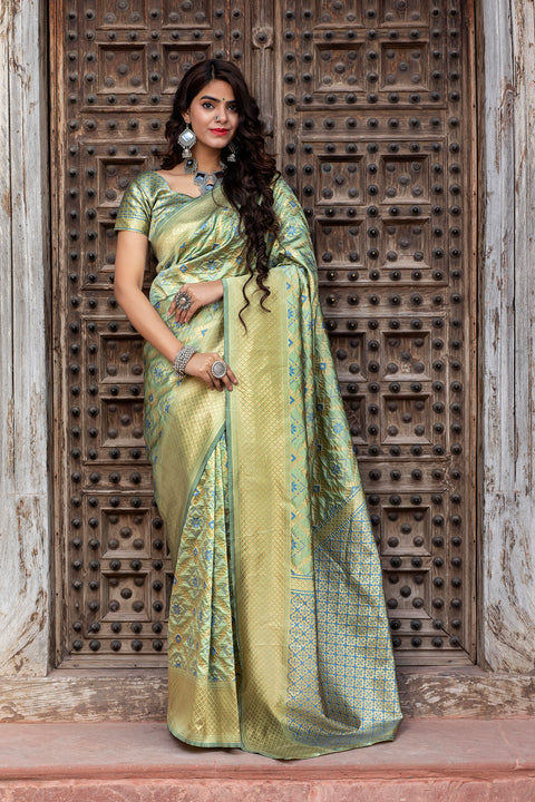 Pista Green Golden Weaving Banarasi Silk Wedding Wear Saree ClothsVilla Main image