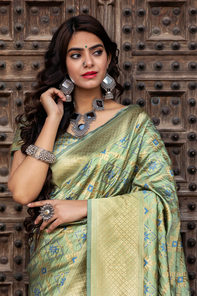 Pista Green Golden Weaving Banarasi Silk Wedding Wear Saree ClothsVilla